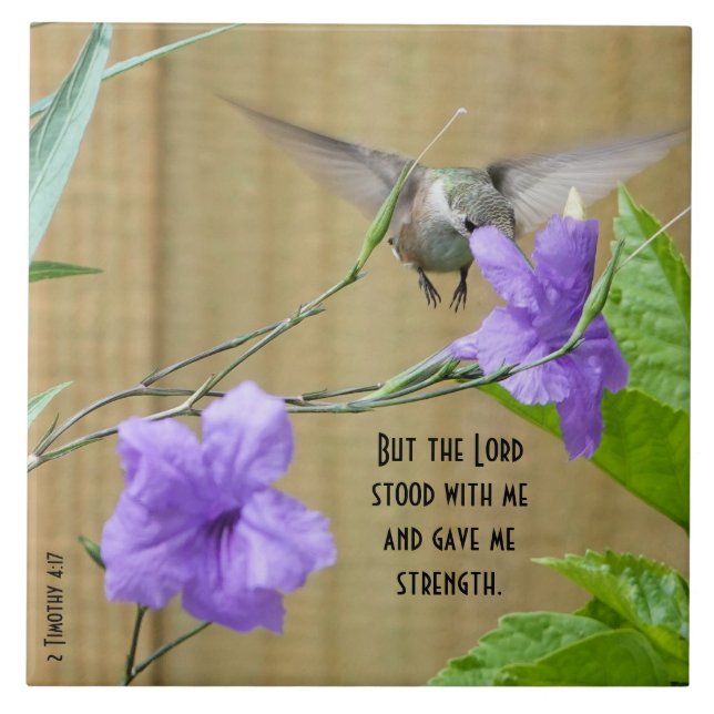 Hummingbird feeding on Flower w/ Scripture Verse Ceramic Tile (Front)