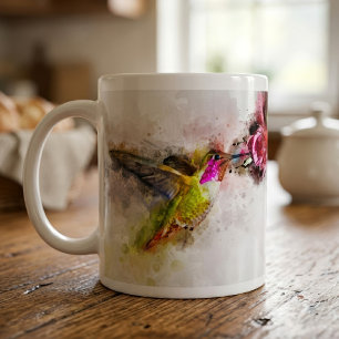 Hummingbird Feeding on Pink Flower Watercolor Coffee Mug