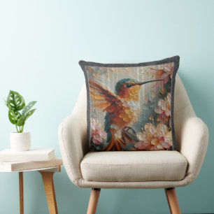Hummingbird & Floral Art Throw Pillow – Textured