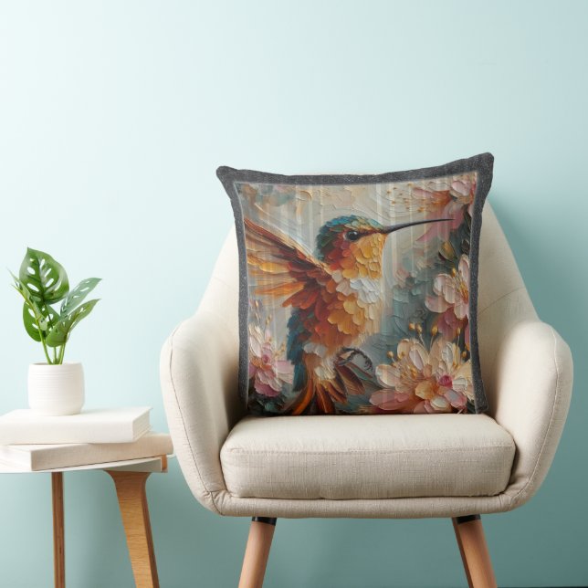 Hummingbird & Floral Art Throw Pillow – Textured (Chair)