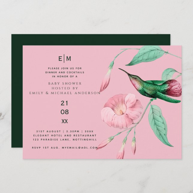 Hummingbird Floral Baby Couples Shower Modern Invitation (Front/Back)