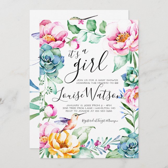 Hummingbird Floral Baby Shower Invitation (Front/Back)
