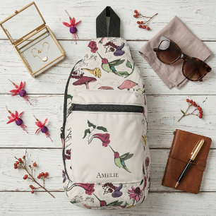 Hummingbird Floral Custom Name Beige Modern Sling Bag