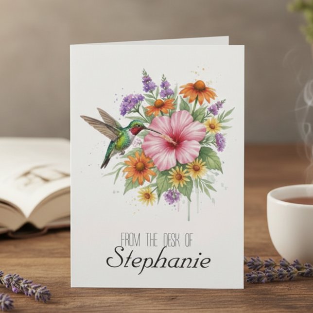 Hummingbird Floral Notecard - Watercolor Bloom (Hummingbird flower personalized notecard)