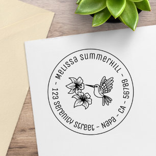 Hummingbird Floral Round Return Address Rubber Stamp