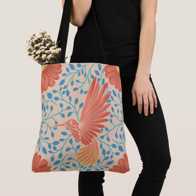 Hummingbird Floral Tote Bag (Close Up)