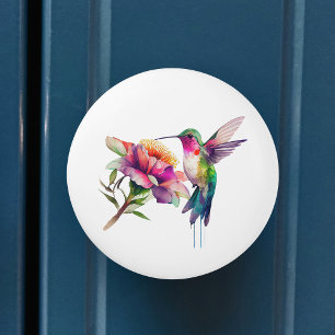 Hummingbird Floral Watercolor Ceramic Knob