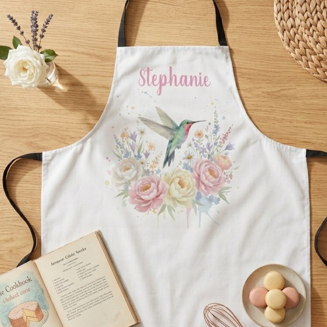 Hummingbird Floral Watercolor Garden Gift for Her Apron (Wildflower meadow botanical floral gift apron)