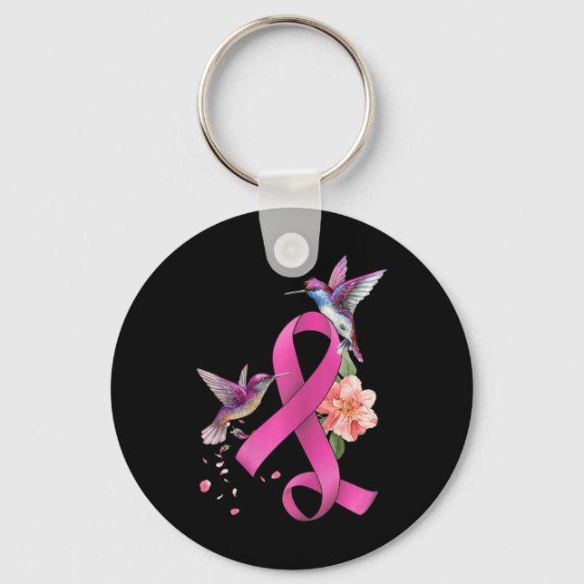 Hummingbird Flower Pink Ribbon Breast Cancer Aware Key Ring (Front)