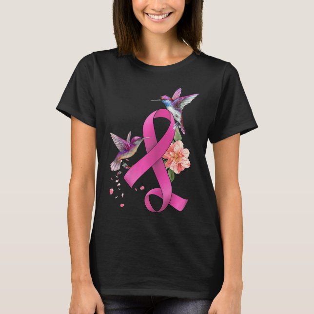 Hummingbird Flower Pink Ribbon Breast Cancer Aware T-Shirt (Front)