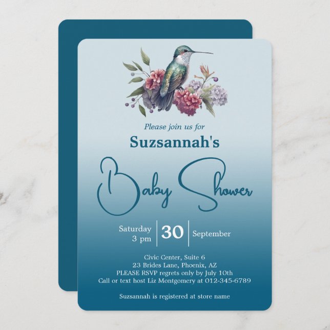 Hummingbird & Flowers Teal Ombre Baby Shower Invitation (Front/Back)