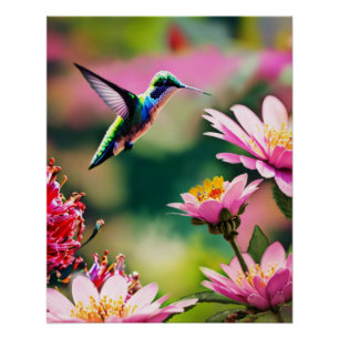 Hummingbird flying to a flowers Glossy Poster