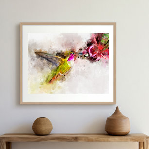 Hummingbird flying with flower Watercolor - 04 Poster