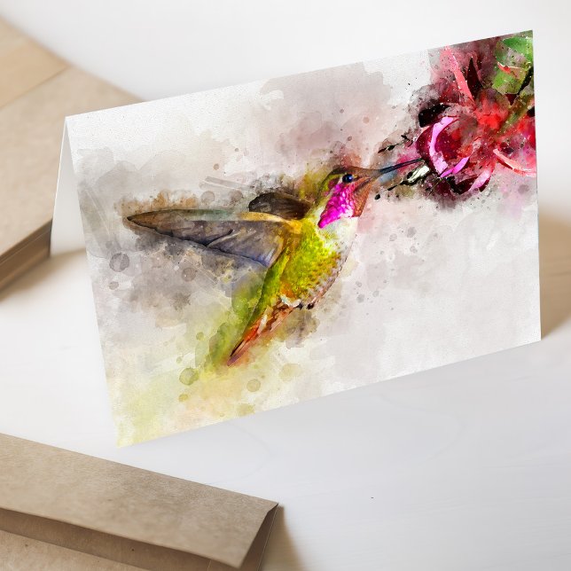 Hummingbird flying with flower Watercolor - 04 Thank You Card (Creator Uploaded)