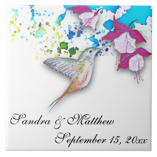Hummingbird & Fuchsia Wedding Trivet/Coaster Ceramic Tile (Front)