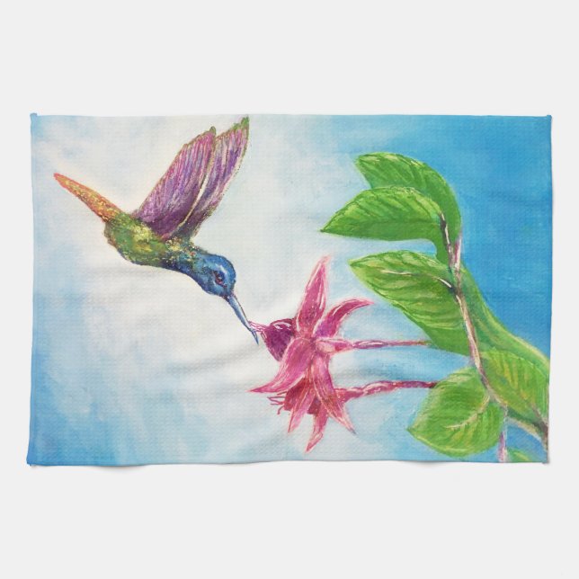 Hummingbird, fuschia, flowers, tea towel (Horizontal)