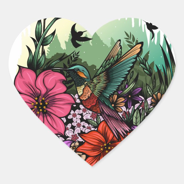 Hummingbird Garden Heart Sticker (Front)