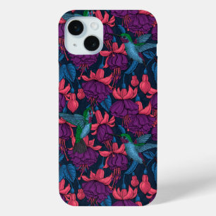 Hummingbird garden in purple and blue iPhone 15 mini case