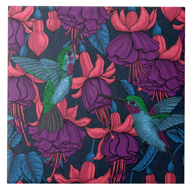 Hummingbird garden in purple and blue ceramic tile (Front)