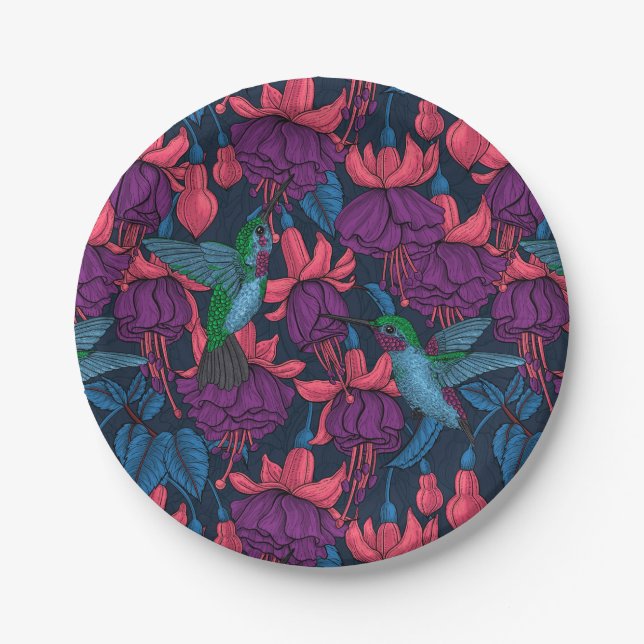 Hummingbird garden in purple and blue paper plate (Front)