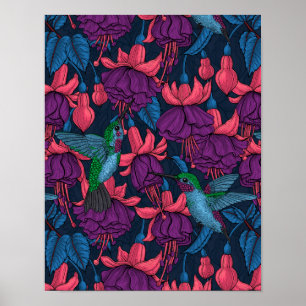 Hummingbird garden in purple and blue poster