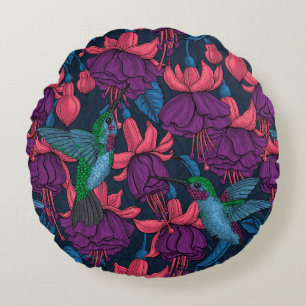 Hummingbird garden in purple and blue round cushion
