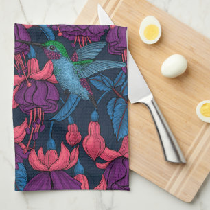Hummingbird garden in purple and blue tea towel