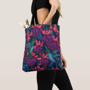 Hummingbird garden in purple and blue tote bag