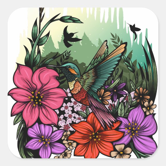 Hummingbird Garden Square Sticker (Front)