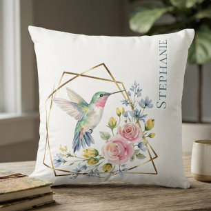 Hummingbird Geometric Watercolor Floral Cushion