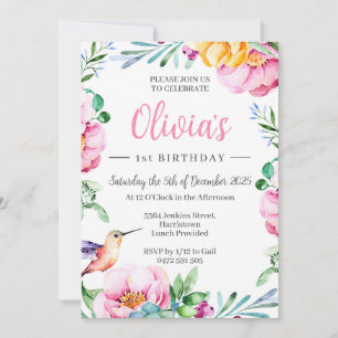 Hummingbird Girls Birthday Party Invitation Pink