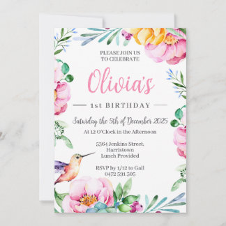 Hummingbird Girls Birthday Party Invitation Pink