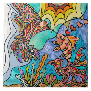 Hummingbird Goldfish Reflection Art Ceramic Tile