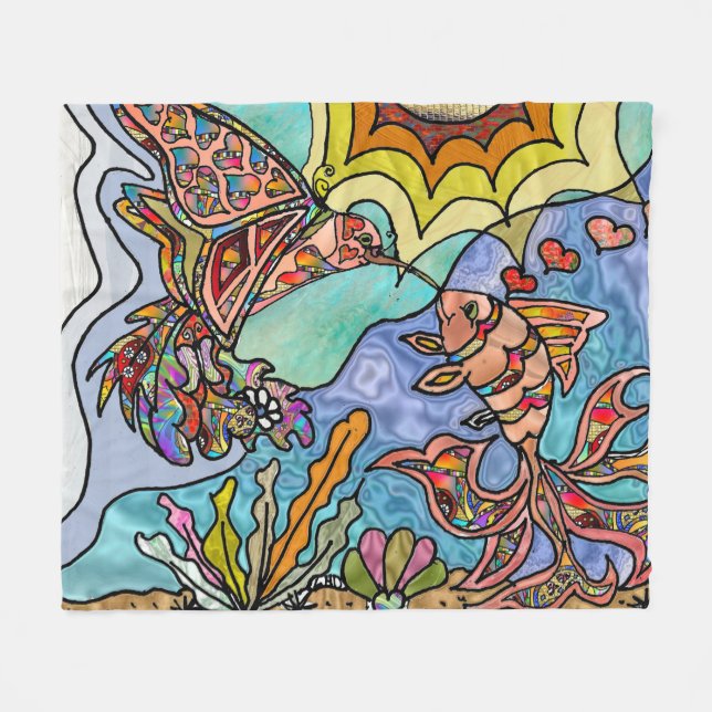 Hummingbird Goldfish Reflection Art Fleece Blanket (Front (Horizontal))