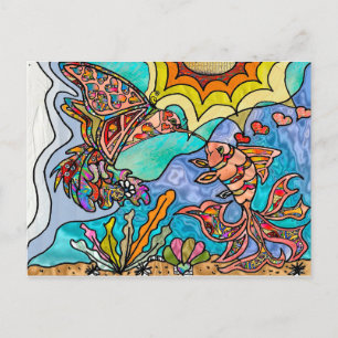 Hummingbird Goldfish Reflection Art Postcard