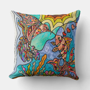 Hummingbird Goldfish Reflection Art Throw Pillow