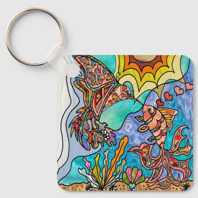 Hummingbird Goldfish Reflection Fantasy Art Key Ring (Front)