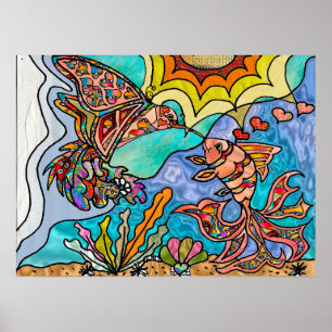 Hummingbird Goldfish Reflection Fantasy Art Poster