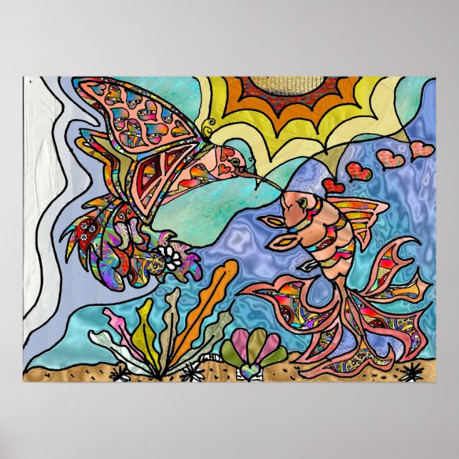 Hummingbird Goldfish Reflection Fantasy Art Poster (Front)