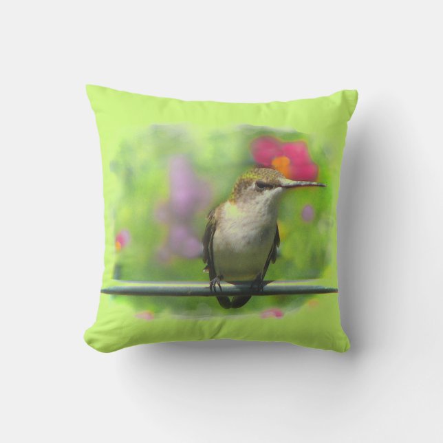 Hummingbird Green Pink Animal Outdoor Pillow (Front)