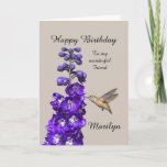 Hummingbird Happy Birthday Friend, Marilyn Card<br><div class="desc">"Hummingbird Happy Birthday Friend,  Marilyn" by Catherine Sherman.
A hummingbird sipping nectar from a purple delphinium creates a beautiful greeting for a birthday. You can personalise this card with any name and occasion.</div>