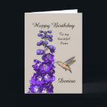 Hummingbird Happy Birthday Sister, Denise Card<br><div class="desc">"Hummingbird Happy Birthday Sister,  Denise" by Catherine Sherman.
A hummingbird sipping nectar from a purple delphinium creates a beautiful greeting for a birthday. You can personalize this card with any name and occasion.</div>