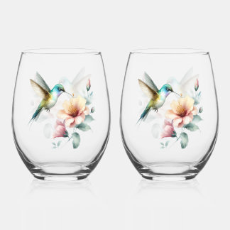 Hummingbird Harmony with Elegant Hibiscus Stemless Wine Glass