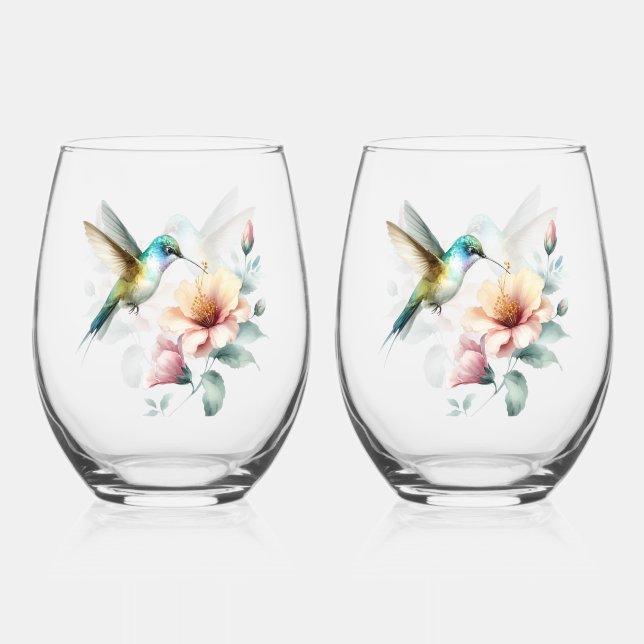 Hummingbird Harmony with Elegant Hibiscus Stemless Wine Glass (Front)