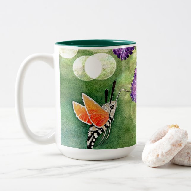 Hummingbird Hawk Moth and Lilacs Two-Tone Coffee Mug (With Donut)
