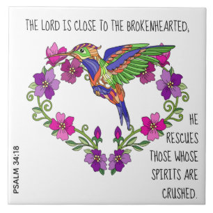 Hummingbird & Heart, w verse from Psalm 34:18 Ceramic Tile