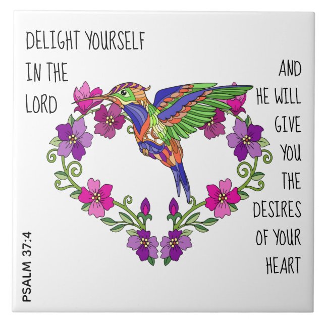 Hummingbird & Heart, w verse from Psalm 37:4 Ceramic Tile (Front)