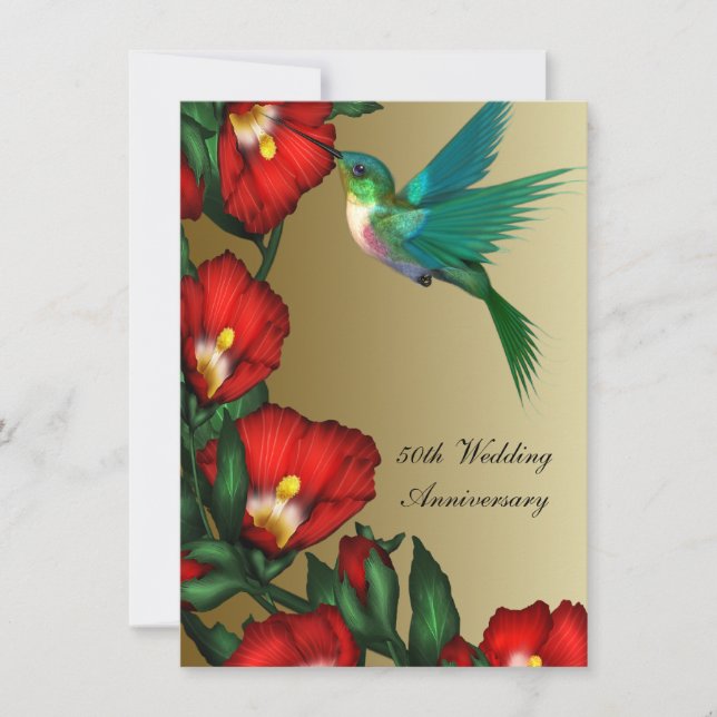 Hummingbird Hibiscus Gold 50th Wedding Anniversary Invitation (Front)