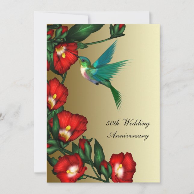Hummingbird Hibiscus Gold 50th Wedding Anniversary Invitation (Front)