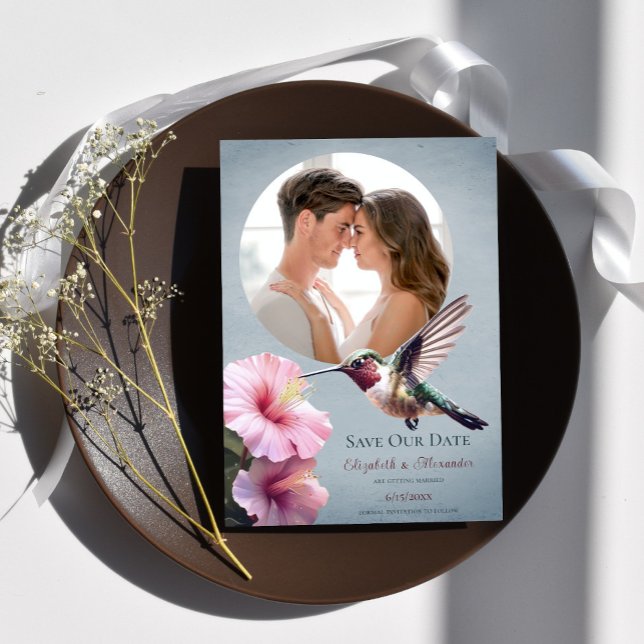 Hummingbird & Hibiscus Photo Save the Date | Blue Announcement (Blue Hummingbird Hibiscus Photo Save the Date)
